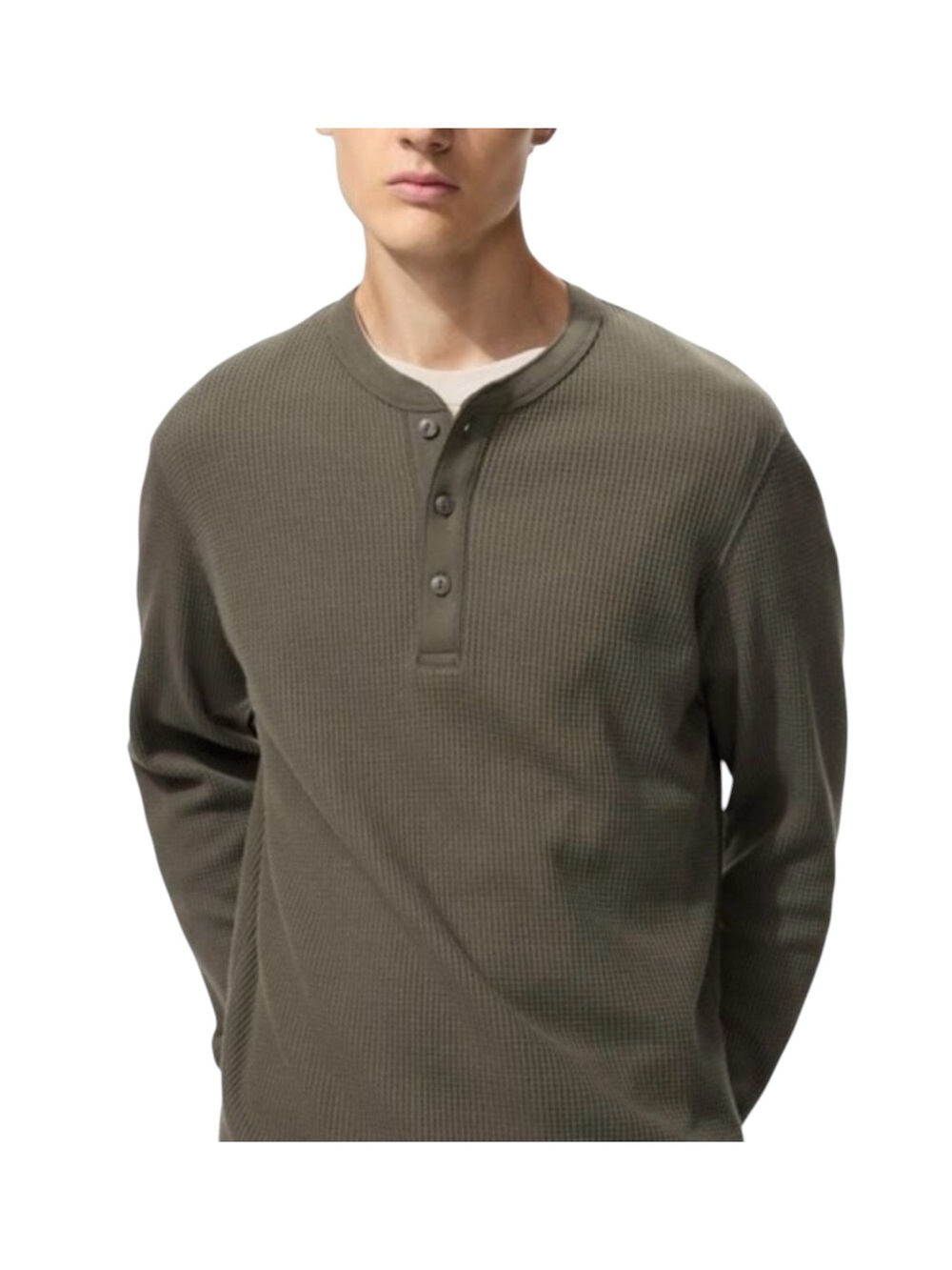 Uniqlo Men's Olive Green Henley Thermal Waffle Knit Long Sleeve T Shirt Sz M & L